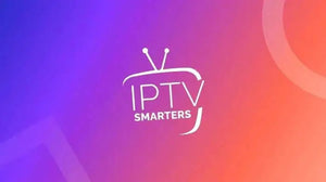 IPTV Smarters logo on a colorful gradient background showcasing its streaming service.