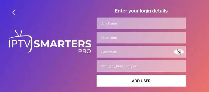 IPTV Smarters Pro login screen for user details and account access.